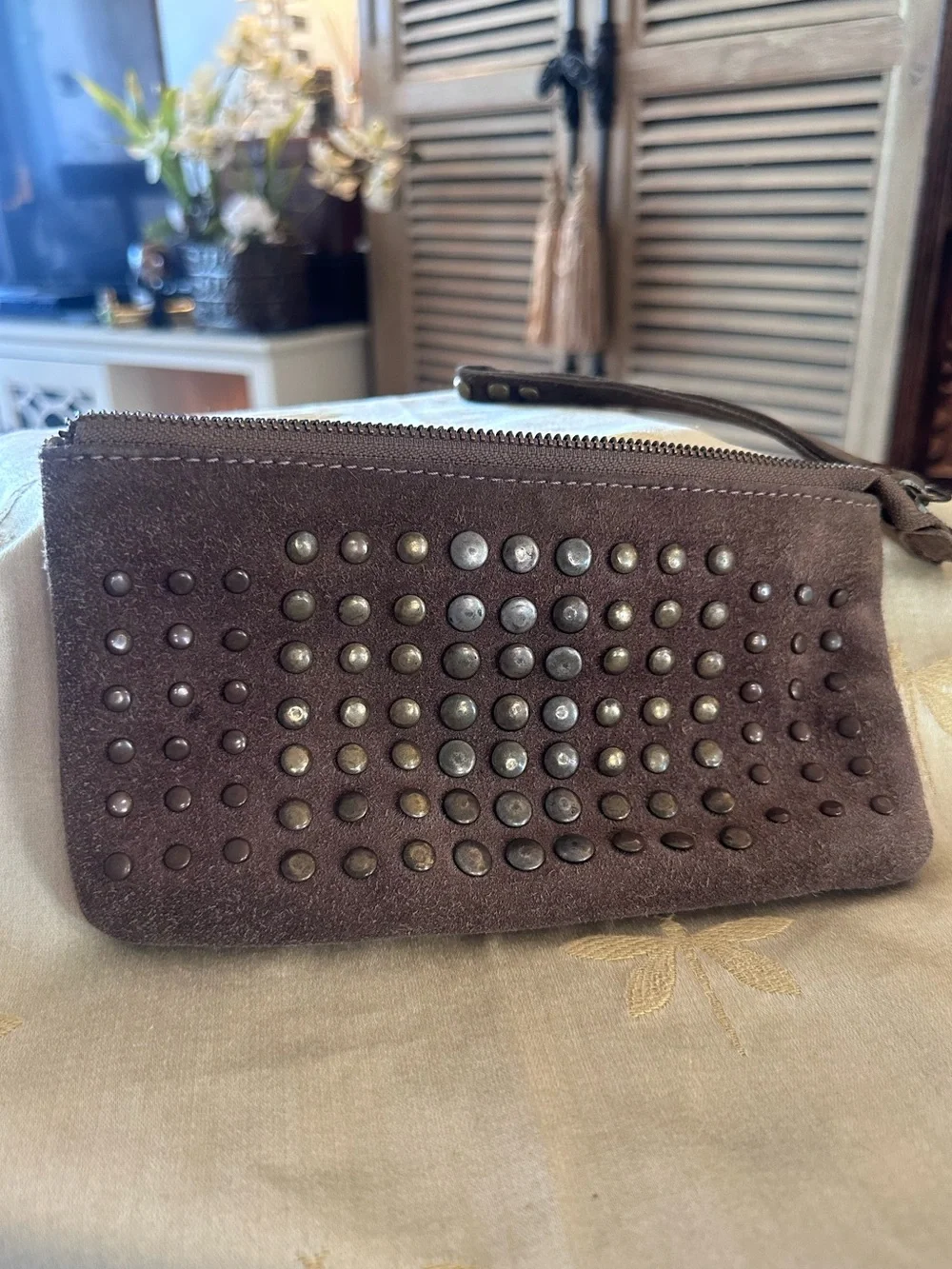Prune, Handmade in Argentina Brown & Tan Suede & Stud Wristlet Wallet / Bag.